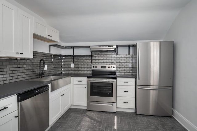 2730 Dakota Ave, Covington, KY 41015 - kitchen featuring appliances with stainless steel finishes, a sink, under cabinet range hood, open shelves, and dark countertops
