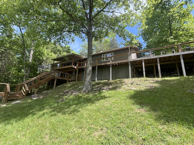 247 Hideaway, Owenton, KY 40359 - rear view of house with stairway, a wooden deck, and a lawn