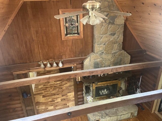 247 Hideaway, Owenton, KY 40359 - detailed view of a ceiling fan, wooden walls, and a fireplace