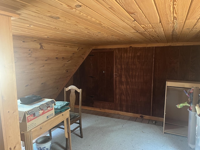 247 Hideaway, Owenton, KY 40359 - additional living space featuring wood ceiling, carpet, vaulted ceiling, and wooden walls