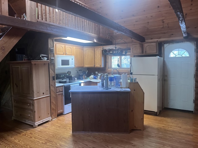 247 Hideaway, Owenton, KY 40359 - kitchen with white appliances, light wood-type flooring, a center island, light countertops, and wooden ceiling