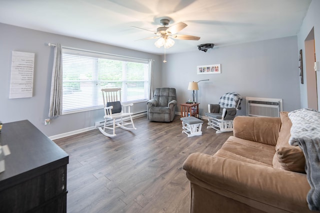 2220 Genevieve Ln, Covington, KY 41011 - living area with a wall mounted AC, a ceiling fan, wood finished floors, and baseboards