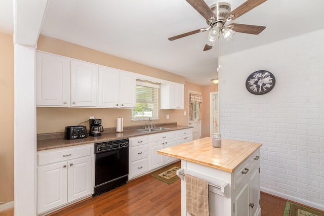 2534 Buttermilk Pike, Fort Mitchell, KY 41017 - kitchen featuring black dishwasher, brick wall, butcher block counters, dark wood-style floors, and white cabinetry
