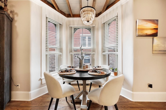 519 Greenup St Unit A, Covington, KY 41011 - dining room featuring baseboards, a chandelier, wood finished floors, and wooden ceiling with exposed beams