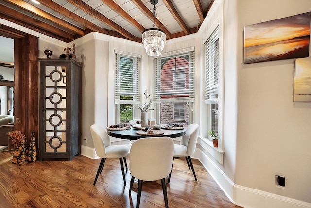 519 Greenup St Unit A, Covington, KY 41011 - dining area with a chandelier, wooden ceiling, baseboards, and wood finished floors