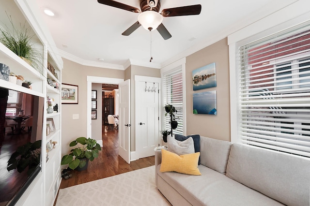 519 Greenup St Unit A, Covington, KY 41011 - living room featuring crown molding, wood finished floors, a ceiling fan, and recessed lighting