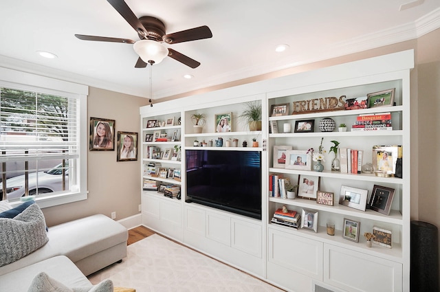 519 Greenup St Unit A, Covington, KY 41011 - living area with ornamental molding, ceiling fan, light wood finished floors, recessed lighting, and baseboards