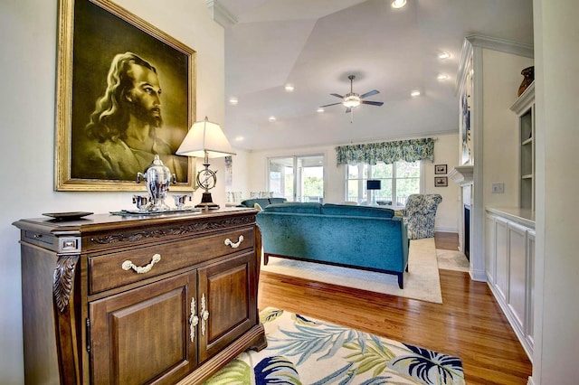 3257 Ivy Ridge Dr, Taylor Mill, KY 41015 - living room featuring wood finished floors, ceiling fan, vaulted ceiling, and recessed lighting