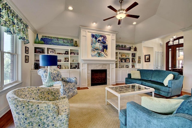 3257 Ivy Ridge Dr, Taylor Mill, KY 41015 - living area featuring a ceiling fan, a high end fireplace, high vaulted ceiling, and crown molding