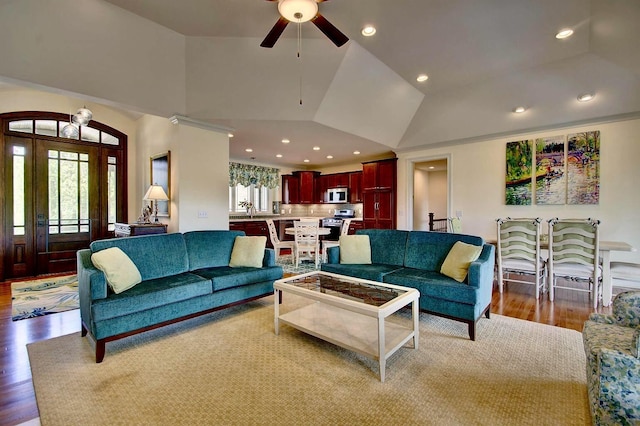 3257 Ivy Ridge Dr, Taylor Mill, KY 41015 - living area featuring a ceiling fan, lofted ceiling, light wood finished floors, and recessed lighting