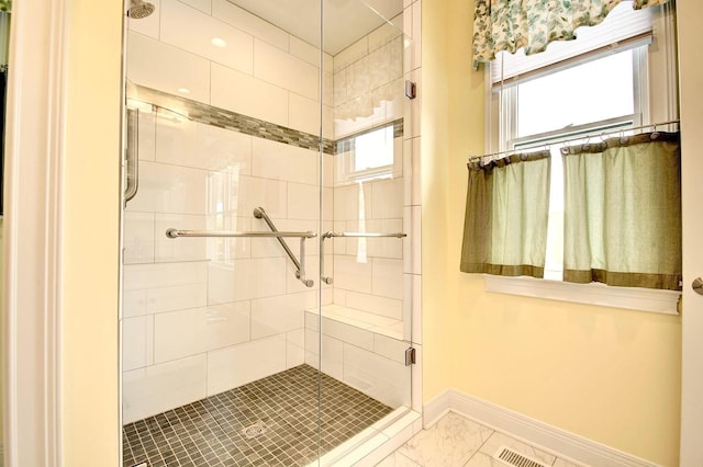 3257 Ivy Ridge Dr, Taylor Mill, KY 41015 - bathroom featuring baseboards, a stall shower, and marble finish floors