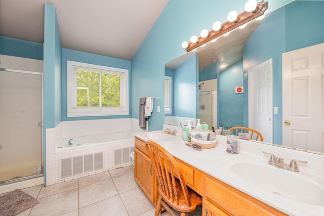 8 Whispering Woods Ln, Alexandria, KY 41001 - bathroom featuring a shower stall, a bath, double vanity, tile patterned flooring, and vaulted ceiling