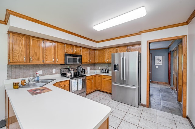 8 Whispering Woods Ln, Alexandria, KY 41001 - kitchen featuring stainless steel appliances, light countertops, brown cabinetry, crown molding, and a peninsula