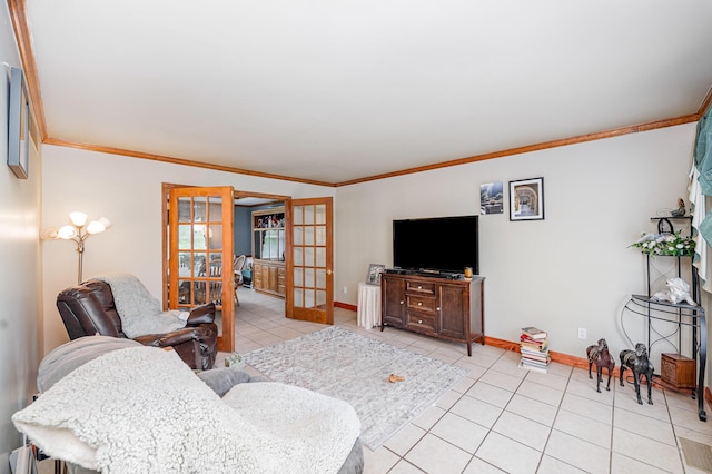 8 Whispering Woods Ln, Alexandria, KY 41001 - living room featuring french doors, crown molding, light tile patterned floors, and baseboards