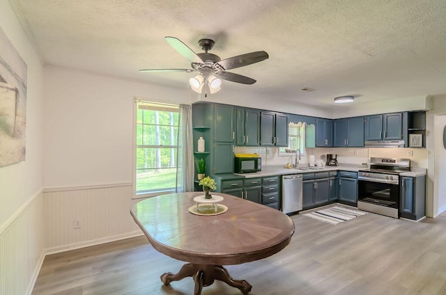6740 Wisdom Dock Rd, Albany, KY 42602 - kitchen with appliances with stainless steel finishes, under cabinet range hood, a textured ceiling, a sink, and light wood-style floors