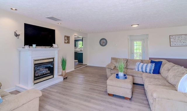 6740 Wisdom Dock Rd, Albany, KY 42602 - living area featuring a textured ceiling, light wood finished floors, a glass covered fireplace, and recessed lighting