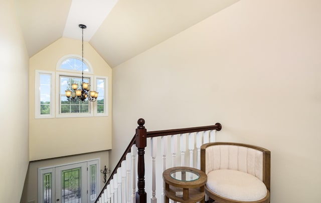 14492 Stephenson Rd, Morning View, KY 41063 - stairway with a chandelier and high vaulted ceiling