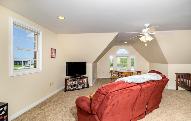 14492 Stephenson Rd, Morning View, KY 41063 - living area featuring light colored carpet, baseboards, vaulted ceiling, a ceiling fan, and recessed lighting