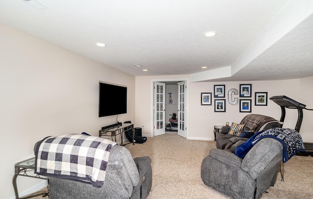 14492 Stephenson Rd, Morning View, KY 41063 - carpeted living area with baseboards, french doors, recessed lighting, and a textured ceiling