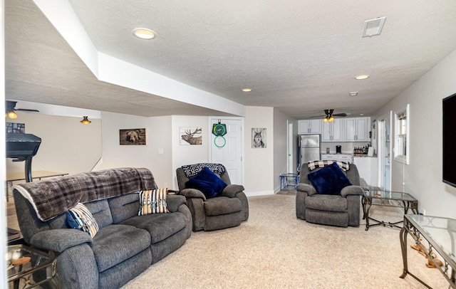 14492 Stephenson Rd, Morning View, KY 41063 - living area featuring ceiling fan, light carpet, a textured ceiling, recessed lighting, and baseboards