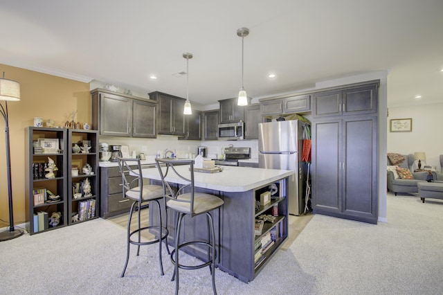2422 Arezzo St, Covington, KY 41017 - kitchen featuring stainless steel appliances, open shelves, light countertops, crown molding, and a kitchen bar
