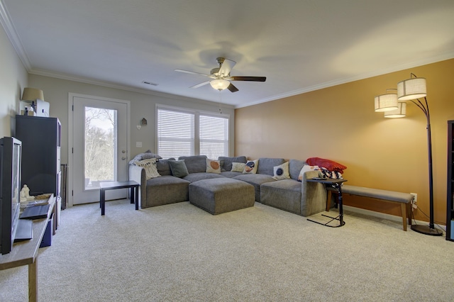 2422 Arezzo St, Covington, KY 41017 - living room with carpet floors, a ceiling fan, ornamental molding, and baseboards