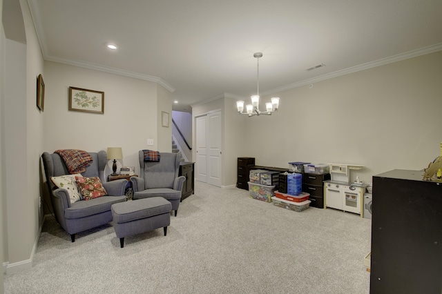 2422 Arezzo St, Covington, KY 41017 - sitting room with carpet flooring, ornamental molding, baseboards, a chandelier, and stairway
