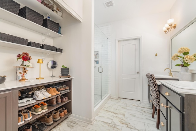 10988 Dairybarn Ln, Alexandria, KY 41001 - bathroom featuring marble look tiles, a stall shower, and vanity