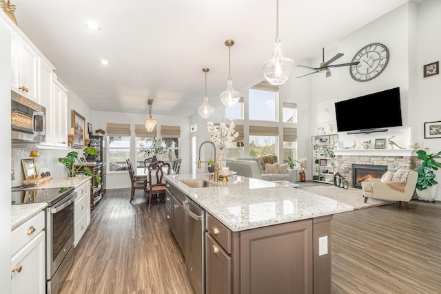 10988 Dairybarn Ln, Alexandria, KY 41001 - kitchen with stainless steel appliances, a sink, a ceiling fan, a stone fireplace, and wood finished floors