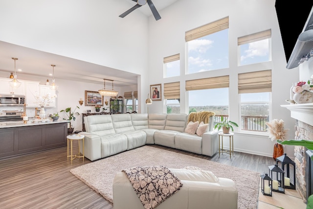 10988 Dairybarn Ln, Alexandria, KY 41001 - living room with a high ceiling, light wood-style flooring, and a ceiling fan