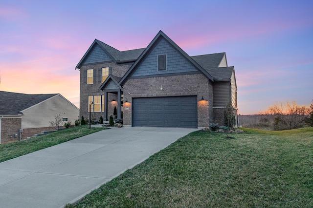 10988 Dairybarn Ln, Alexandria, KY 41001 - craftsman house featuring driveway, a lawn, brick siding, and a garage