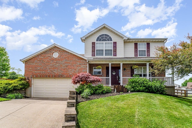 1051 Apple Blossom Dr, Florence, KY 41042 - traditional-style home with concrete driveway, brick siding, a front lawn, and a porch