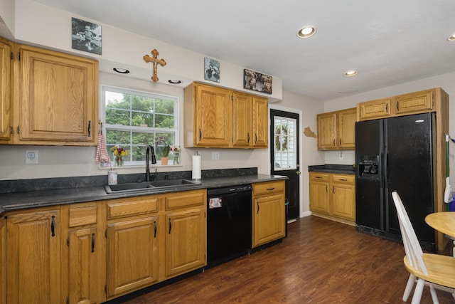 3350 Redbud Ct, Erlanger, KY 41018 - kitchen with black appliances, a sink, dark countertops, dark wood-style flooring, and recessed lighting