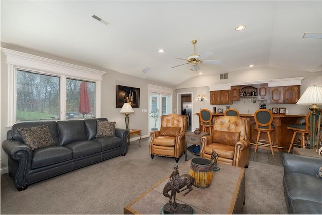 871 Bristow Rd, Independence, KY 41051 - living area featuring lofted ceiling, a ceiling fan, recessed lighting, light colored carpet, and baseboards