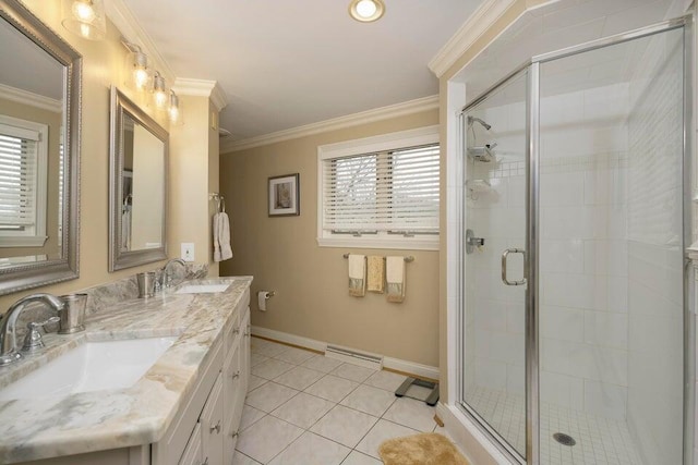 871 Bristow Rd, Independence, KY 41051 - full bathroom featuring baseboards, a stall shower, ornamental molding, double vanity, and tile patterned floors