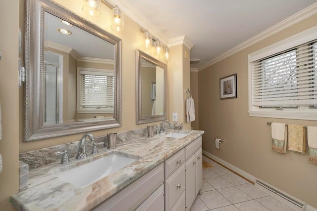 871 Bristow Rd, Independence, KY 41051 - full bathroom with tile patterned flooring, baseboards, double vanity, crown molding, and a shower with door