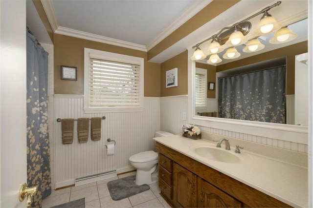 871 Bristow Rd, Independence, KY 41051 - full bath featuring tile patterned floors, a wainscoted wall, vanity, ornamental molding, and toilet