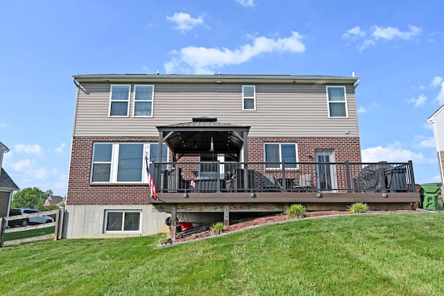 10113 Lapalco Ct, Union, KY 41091 - back of house featuring brick siding, a wooden deck, a gazebo, and a yard