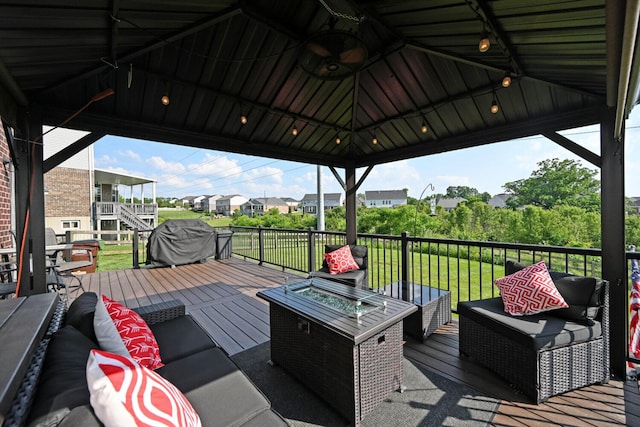 10113 Lapalco Ct, Union, KY 41091 - wooden terrace with an outdoor living space with a fire pit, a residential view, grilling area, and a gazebo