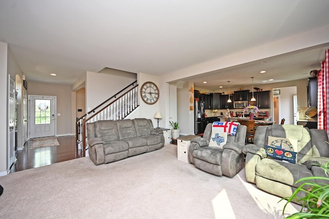 10113 Lapalco Ct, Union, KY 41091 - living room with stairway, dark carpet, and recessed lighting