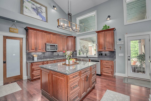 3270 Ballantree Way, Verona, KY 41092 - kitchen featuring high vaulted ceiling, appliances with stainless steel finishes, a sink, dark wood finished floors, and baseboards