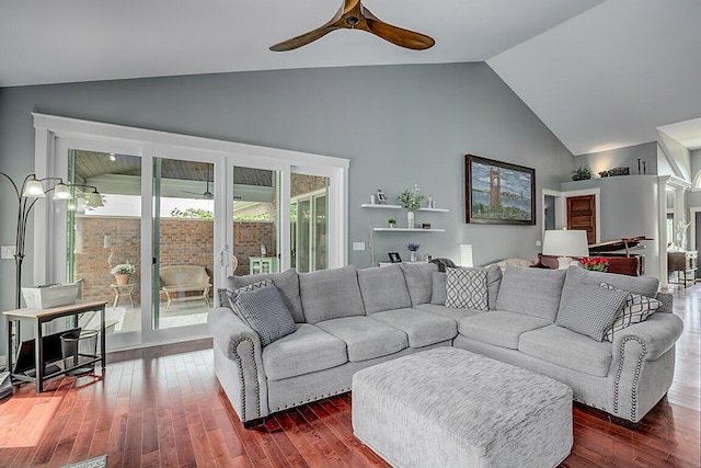 3270 Ballantree Way, Verona, KY 41092 - living area featuring ceiling fan, high vaulted ceiling, and dark wood-style flooring