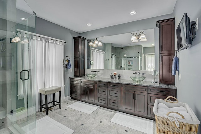3270 Ballantree Way, Verona, KY 41092 - full bath featuring a stall shower, double vanity, a chandelier, baseboards, and recessed lighting