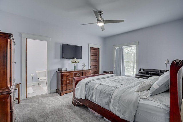 3270 Ballantree Way, Verona, KY 41092 - bedroom with light colored carpet, ensuite bathroom, baseboards, and ceiling fan