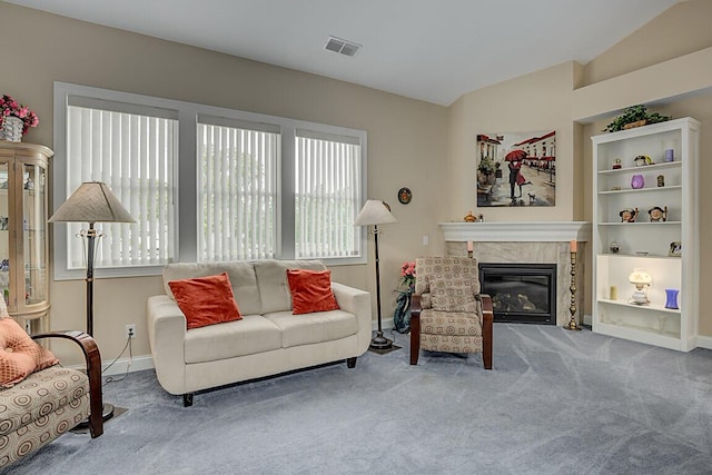 3270 Ballantree Way, Verona, KY 41092 - living room featuring plenty of natural light, carpet flooring, vaulted ceiling, a high end fireplace, and baseboards