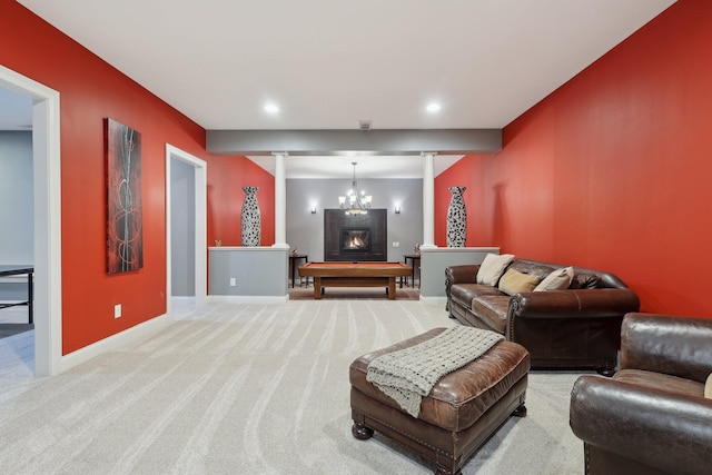 3270 Ballantree Way, Verona, KY 41092 - living area with decorative columns, light colored carpet, baseboards, a glass covered fireplace, and recessed lighting