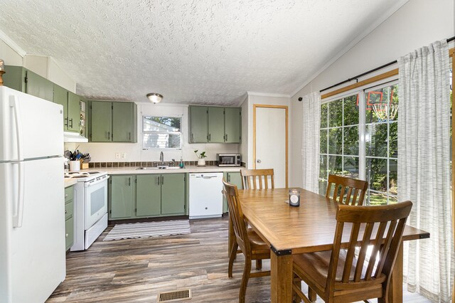 566 Sycamore St, Crescent Springs, KY 41017 - kitchen featuring green cabinets, white appliances, a sink, a textured ceiling, and dark wood finished floors