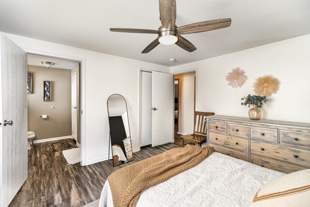 566 Sycamore St, Crescent Springs, KY 41017 - bedroom featuring wood finished floors, baseboards, a closet, connected bathroom, and a ceiling fan