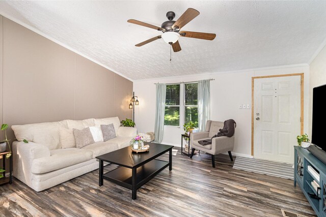 566 Sycamore St, Crescent Springs, KY 41017 - living room with a textured ceiling, wood finished floors, ceiling fan, ornamental molding, and lofted ceiling