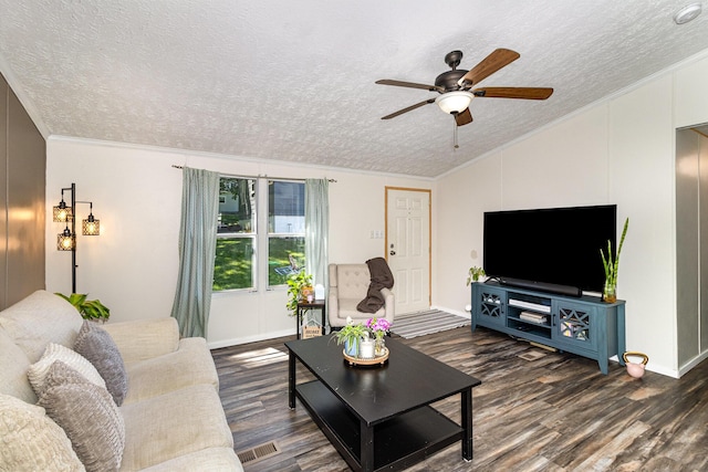 566 Sycamore St, Crescent Springs, KY 41017 - living area featuring a textured ceiling, ornamental molding, a ceiling fan, dark wood-style flooring, and baseboards